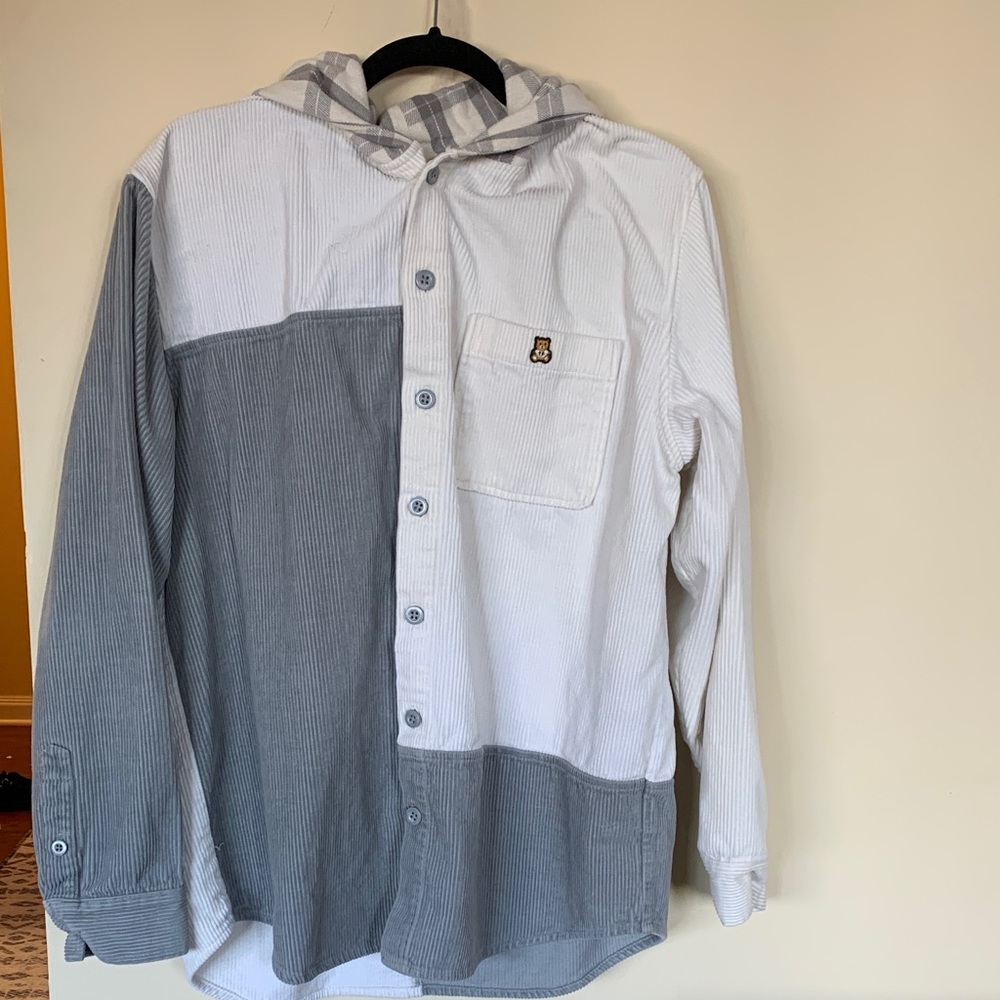 Teddy Fresh Gray and White Striped Shirt with Bear Patch